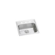 Stainless steel drop-in sink with single bowl, drain basket, and three faucet mounting holes along the rim.