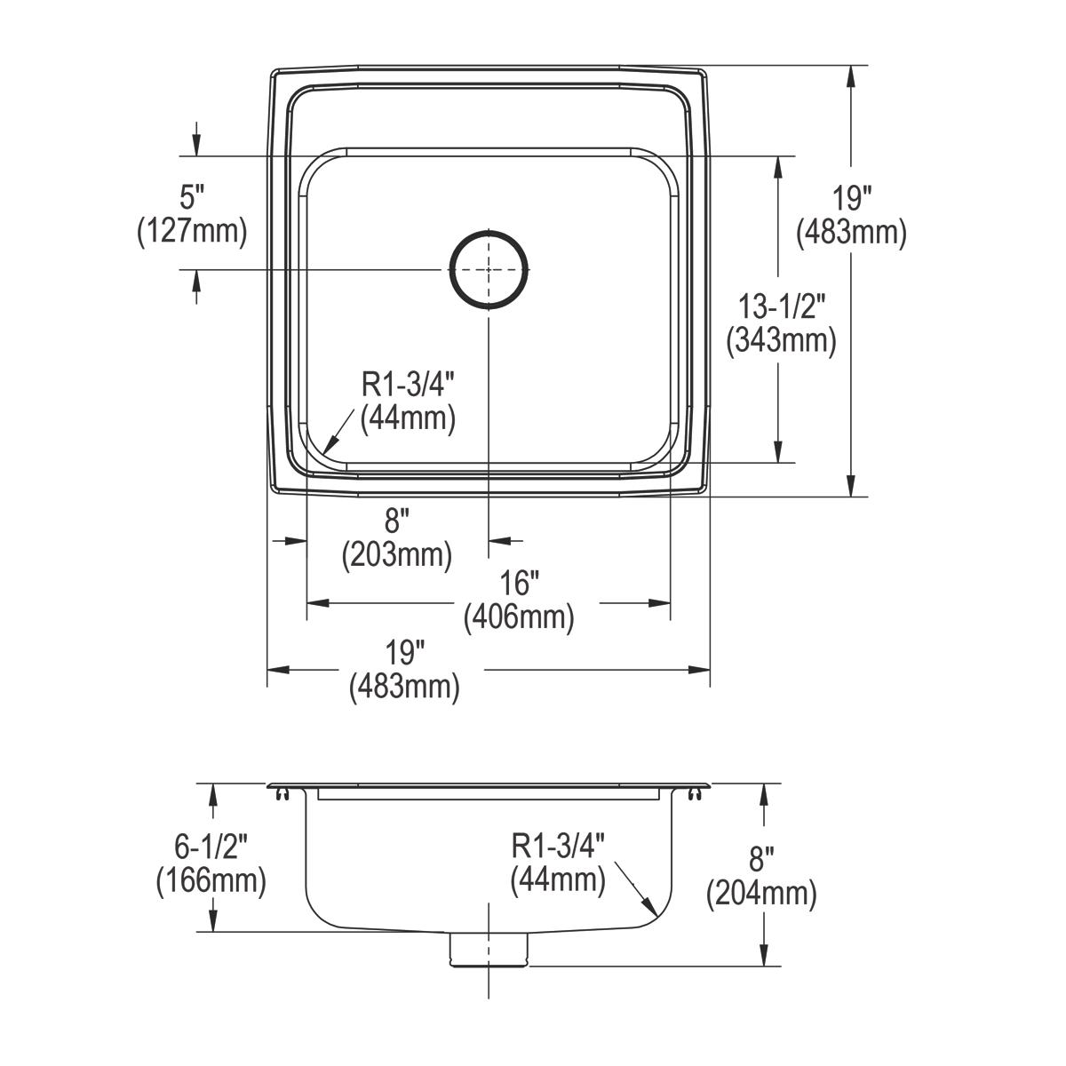 Stainless steel drop-in sink with single bowl, one faucet hole, and rounded corners shown in top and side technical drawings.