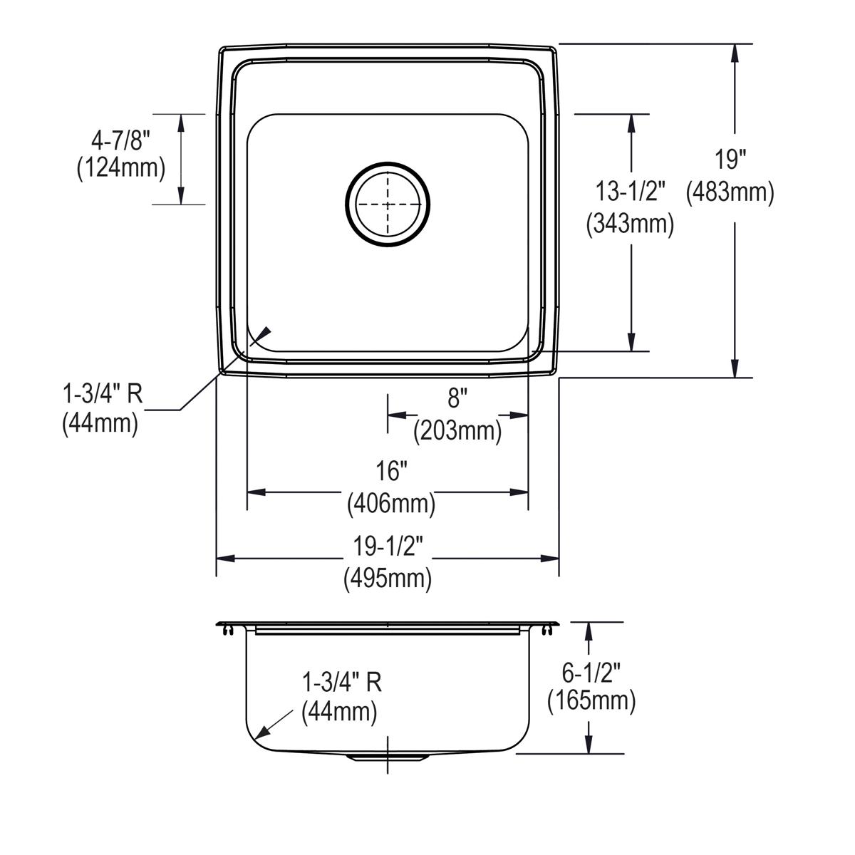 Stainless steel single bowl drop-in sink with rounded corners and centered drain hole, shown in top and side elevation views 