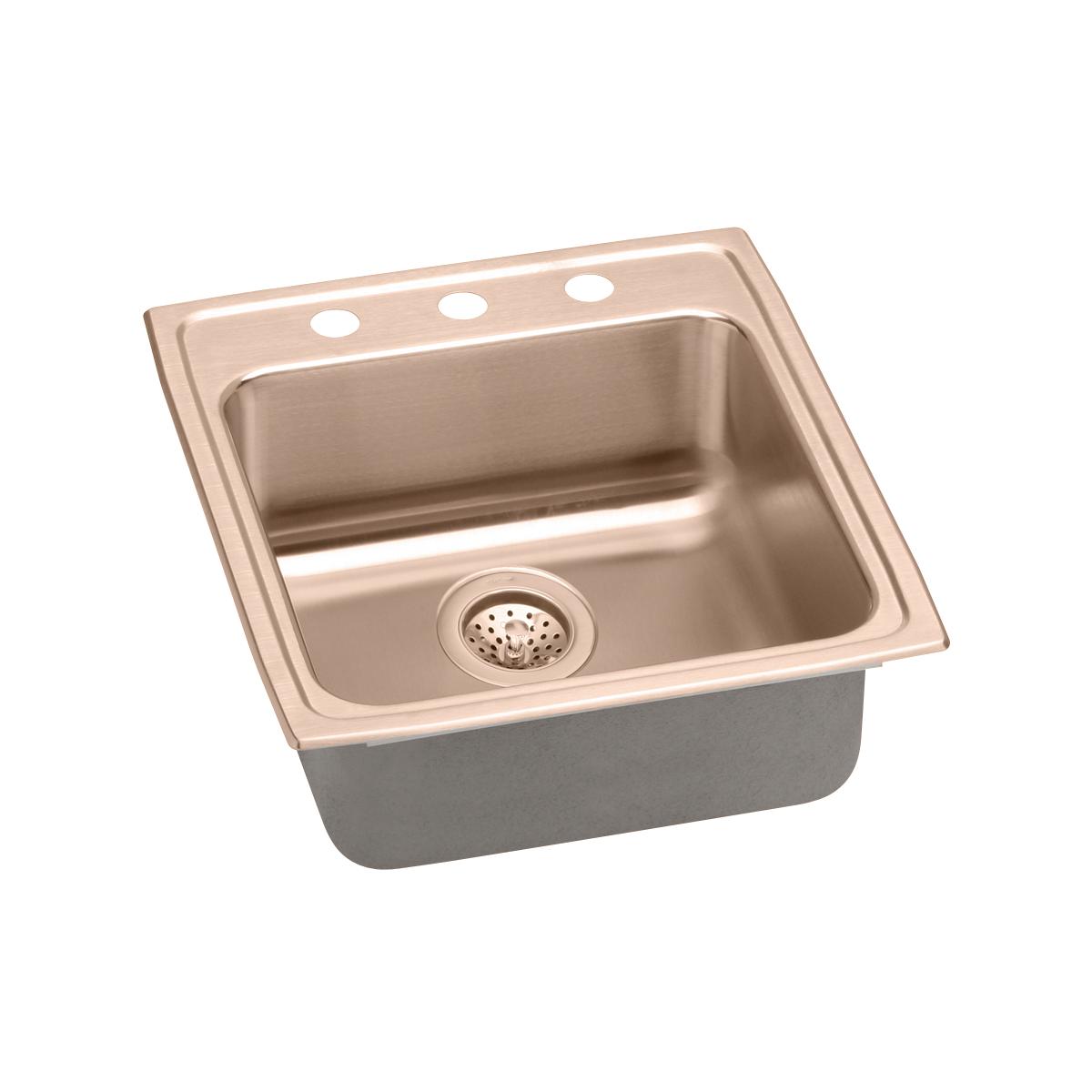 Copper-toned single bowl drop-in sink with three mounting holes and drain strainer visible.