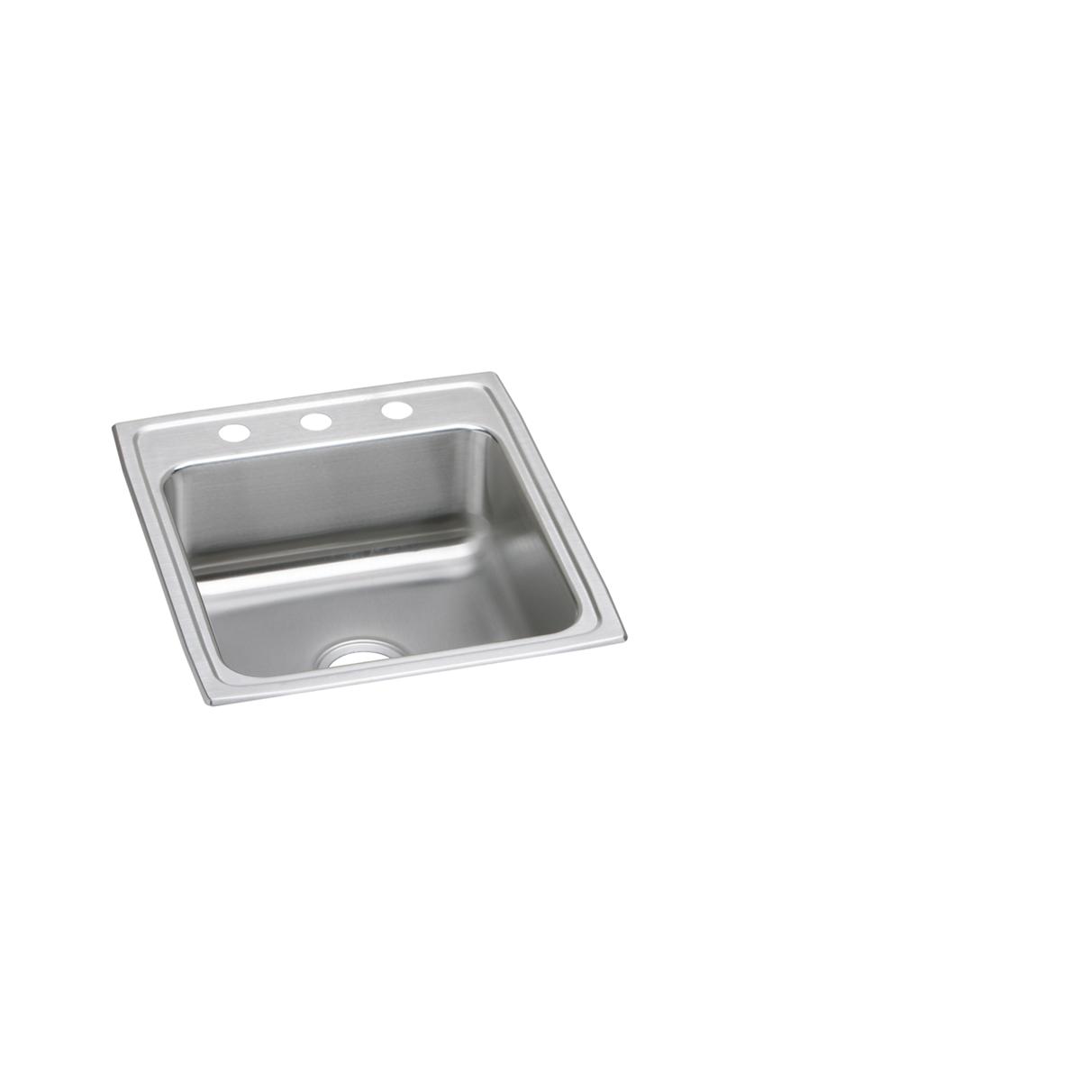 Stainless steel drop-in sink with single bowl, drain opening, and three faucet holes along the rim.