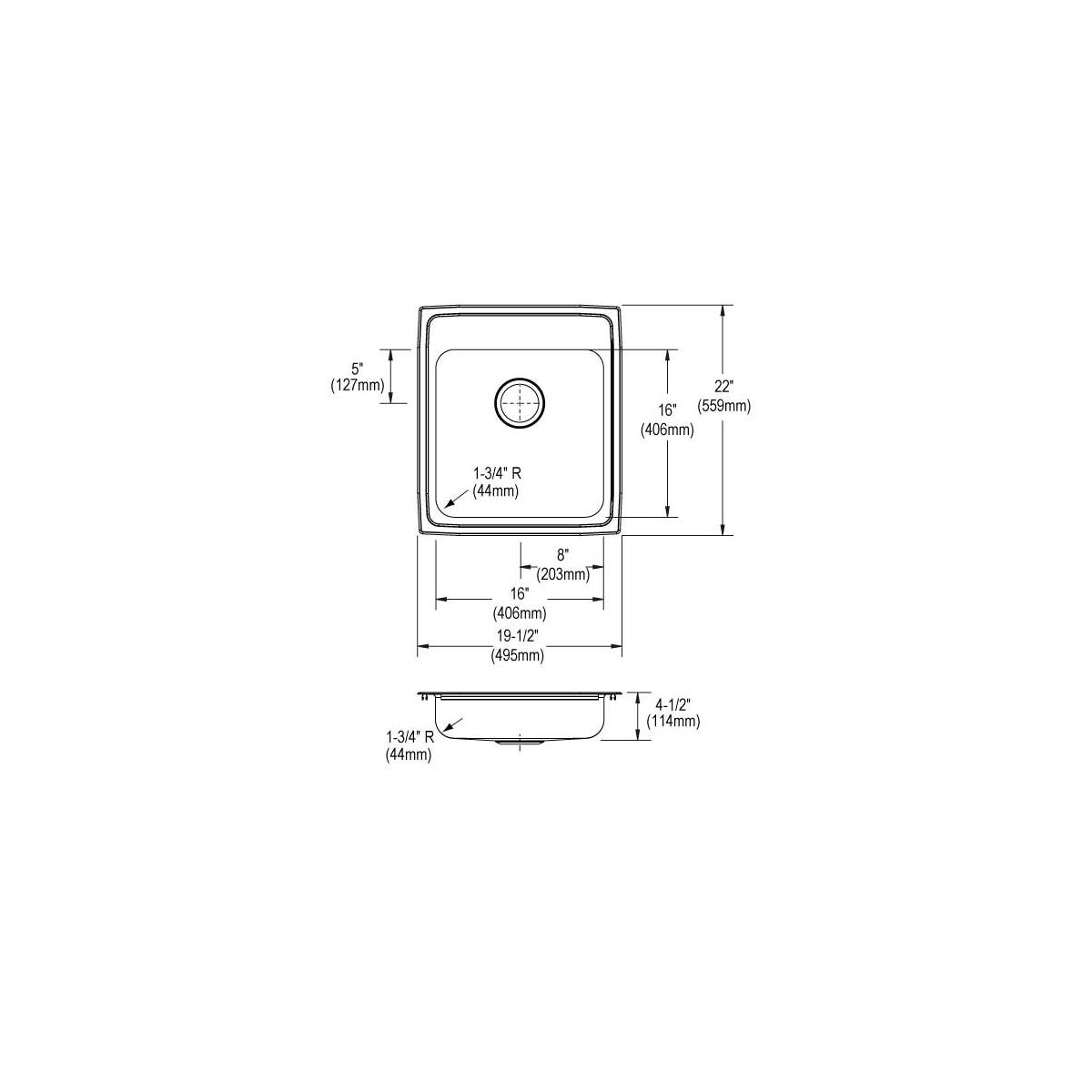 Stainless steel single bowl drop-in sink with one faucet hole, shown in top and side view technical drawings with dimensions.