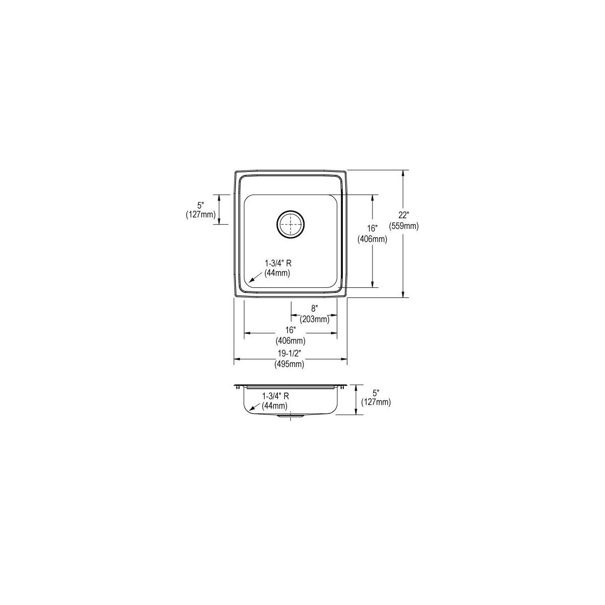Stainless steel drop-in sink with single bowl and one faucet hole, shown in top and side technical diagrams with dimensions.