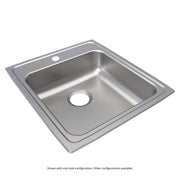 Stainless steel drop-in sink with single bowl, one drain hole visible, and three pre-drilled faucet holes.