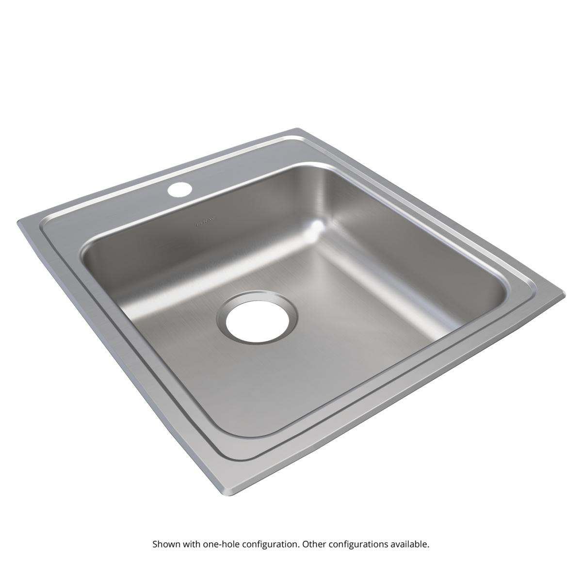 Stainless steel drop-in sink with single bowl and faucet holes on rim.