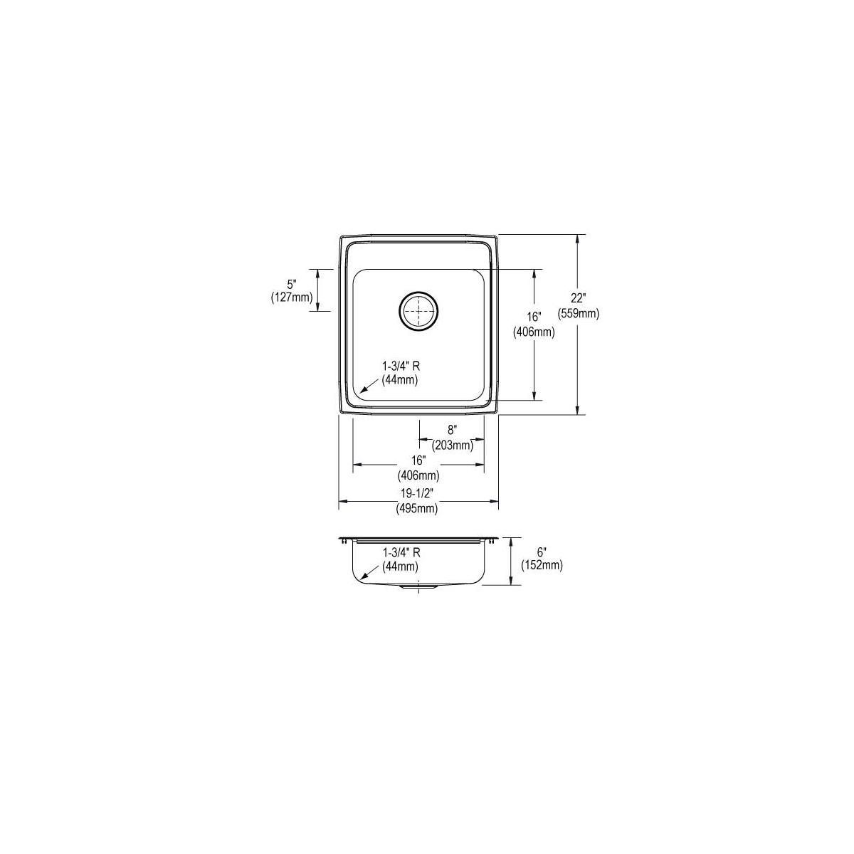 Elkay Lustertone Classic Stainless Steel 19-1/2" x 22" x 6" 1-Hole Single Bowl Drop-in ADA Sink with Quick-clip