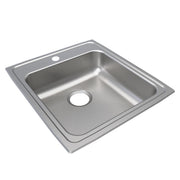 Stainless steel drop-in sink with single bowl, one faucet hole, and rounded corners.