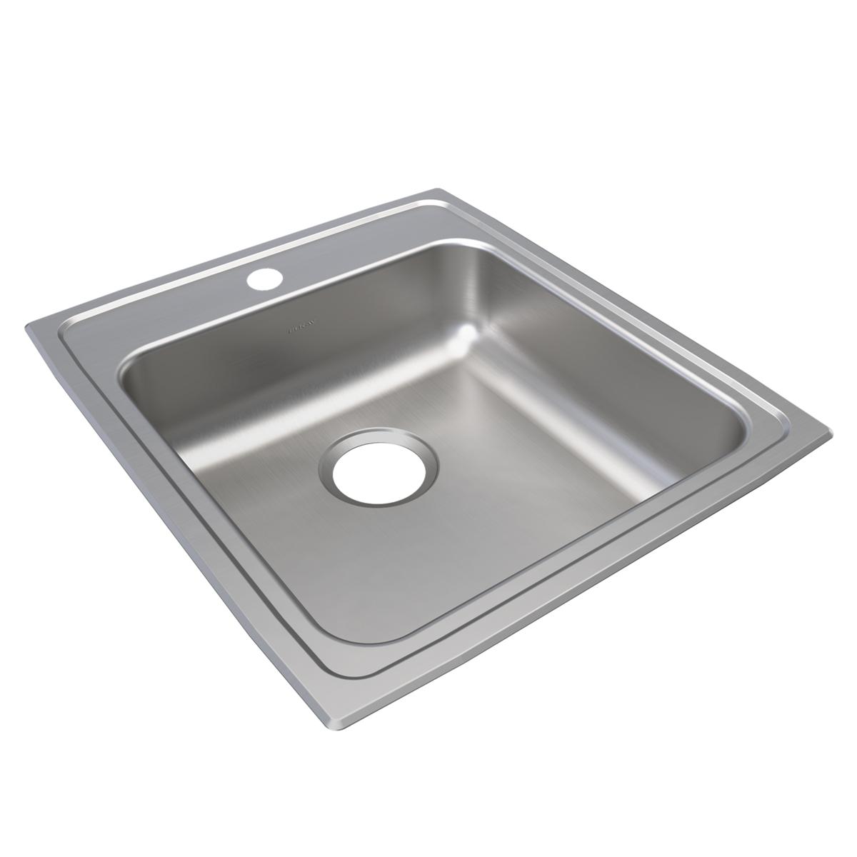 Stainless steel drop-in sink with single bowl, one faucet hole, and rounded corners.