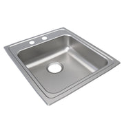 Stainless steel single bowl drop-in sink with two faucet holes and one drain hole on brushed surface.