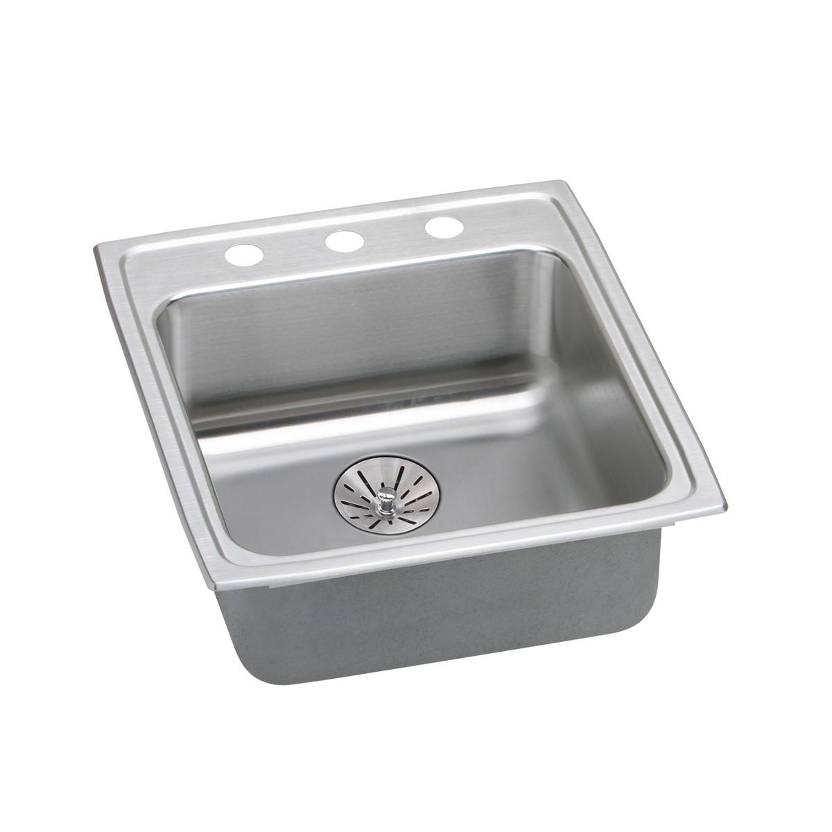 Stainless steel drop-in sink with single bowl, drain strainer, and three pre-drilled holes on deck for faucet mounting.