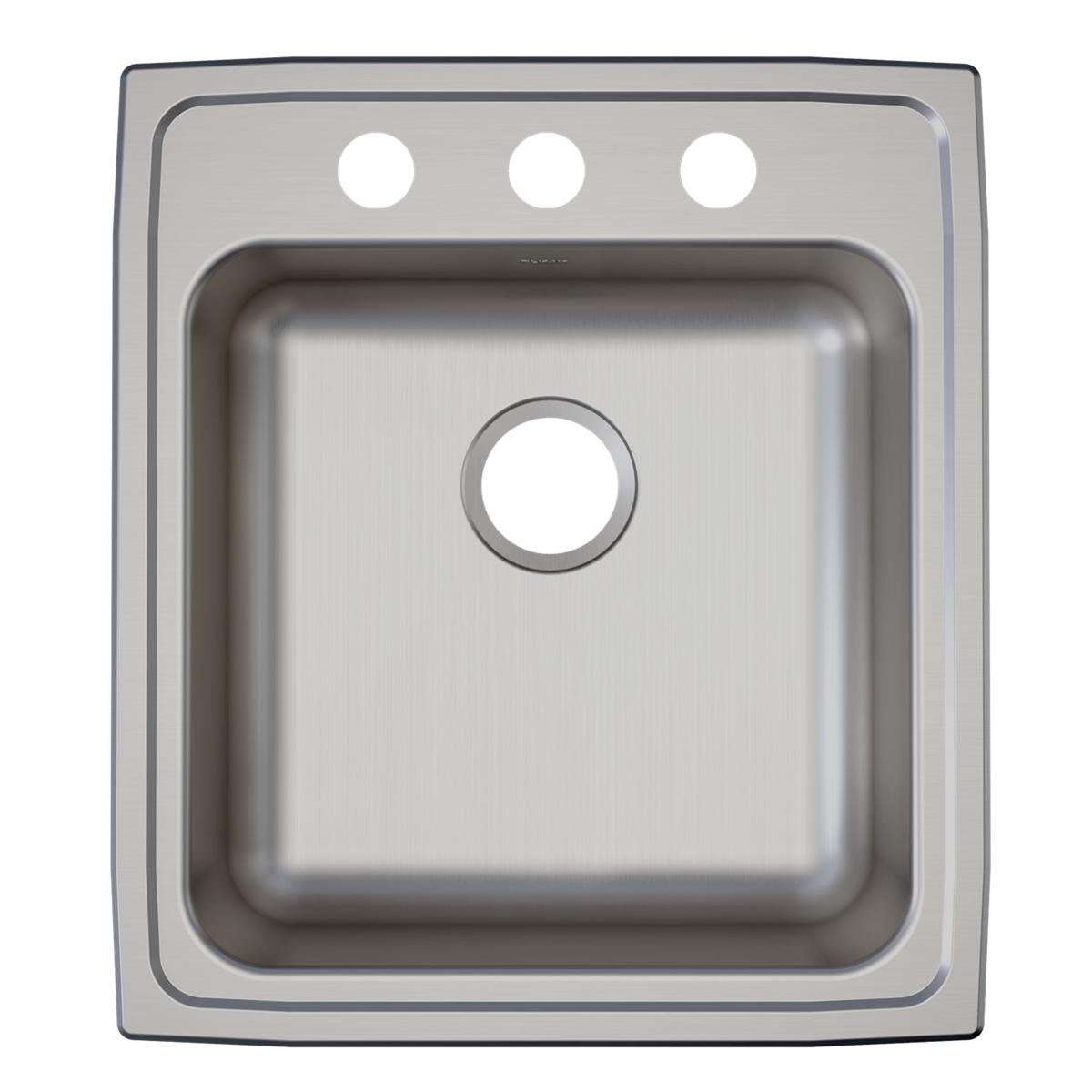Stainless steel drop-in sink with single bowl, three faucet holes across top rim, and drain hole in center.