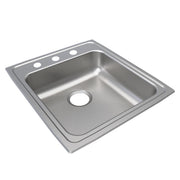Stainless steel drop-in sink with single bowl, drain hole, and three faucet holes along the rim.