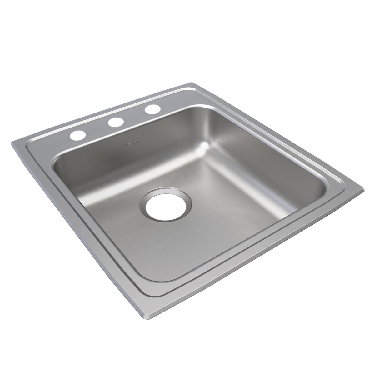 Stainless steel drop-in sink with single bowl, drain hole, and three faucet holes along the rim.