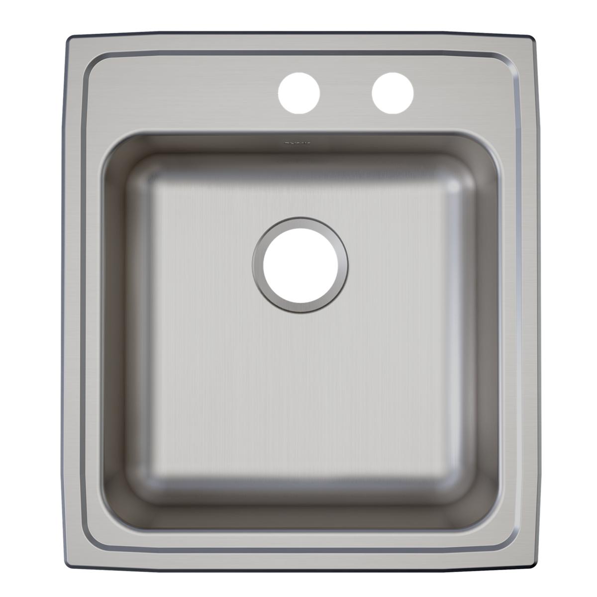 Stainless steel drop-in sink with single bowl and two faucet holes in brushed finish, shown from above.