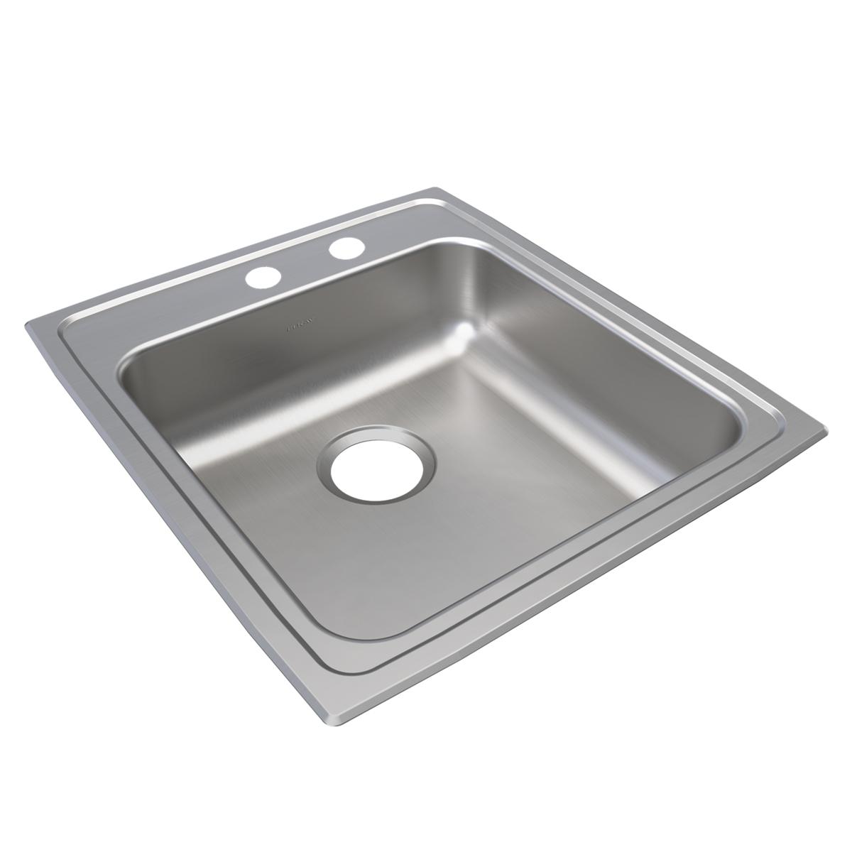 Stainless steel drop-in sink with single bowl, drain hole, and two faucet holes on the rim.