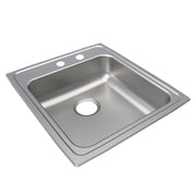 Stainless steel drop-in sink with single bowl, drain hole, and two faucet holes on the rim.