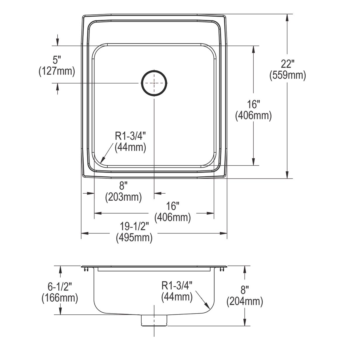 Stainless steel drop-in sink with single bowl and three mounting holes, shown in top and side technical drawings with dimensi