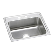Brushed stainless steel drop-in sink with single bowl, two mounting holes, and drain opening on white background.