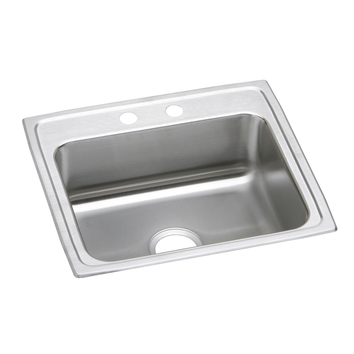 Stainless steel drop-in sink with single rectangular bowl, drain hole, and two faucet mounting holes on brushed surface rim.