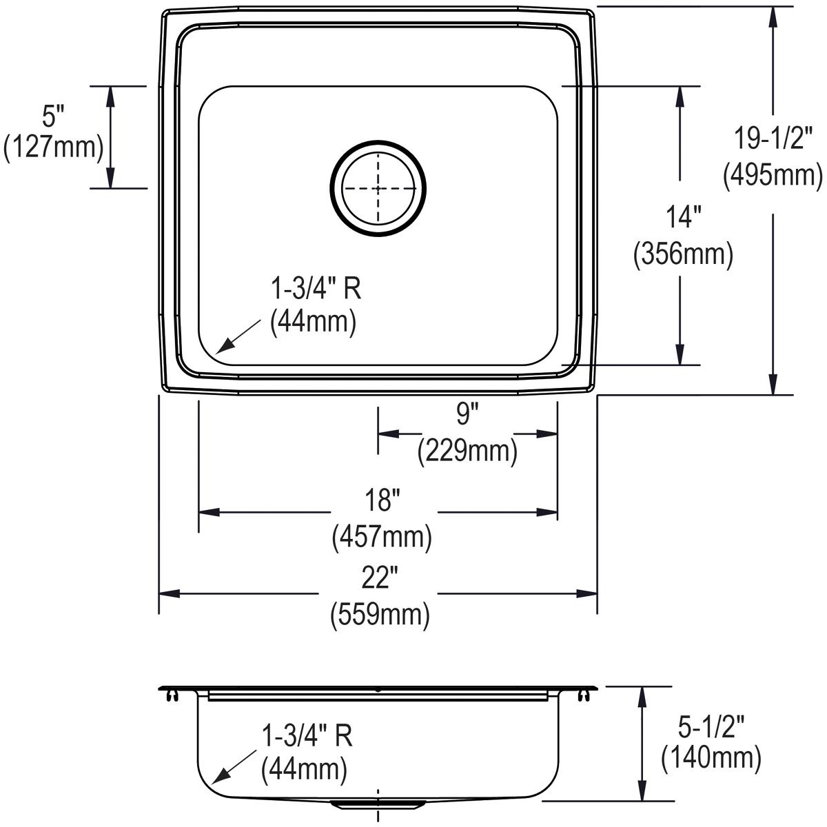 Technical specification drawing of rectangular drop-in sink with single bowl, rounded corners, and three pre-drilled holes wi