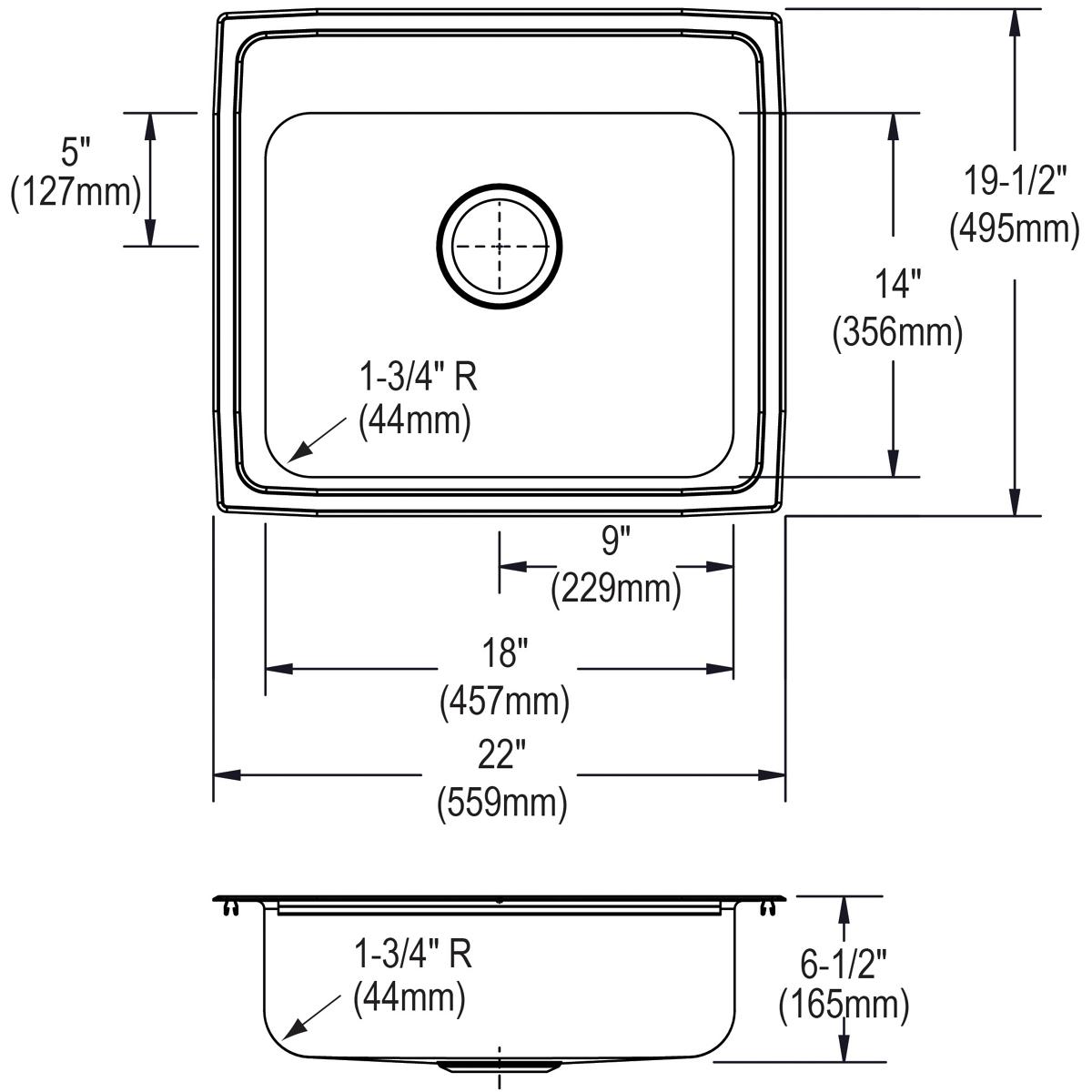 Top-view and side-profile technical drawing of a rectangular single-bowl drop-in sink with dimensions and rounded corners.