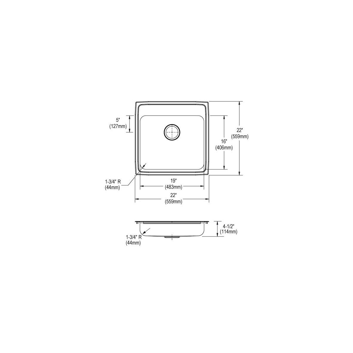 Stainless steel square drop-in sink with single bowl, two faucet holes, and dimensions of 22" x 22" x 4.5" depth.