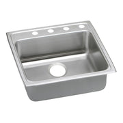 Stainless steel single bowl drop-in sink with four faucet holes across the rim and one drain hole in the bowl center.