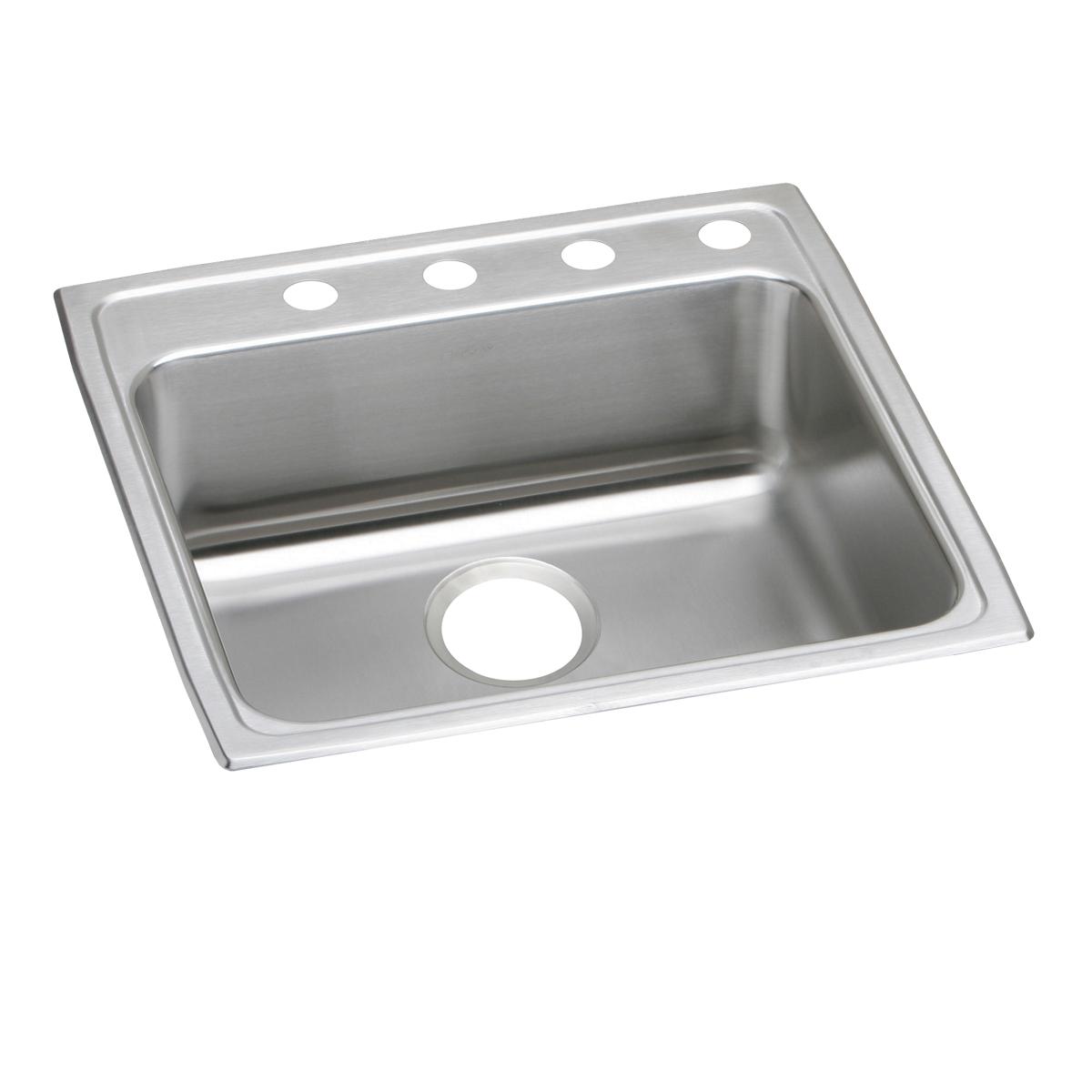 Stainless steel drop-in sink with single bowl, one faucet hole, and four pre-drilled holes across the rim.