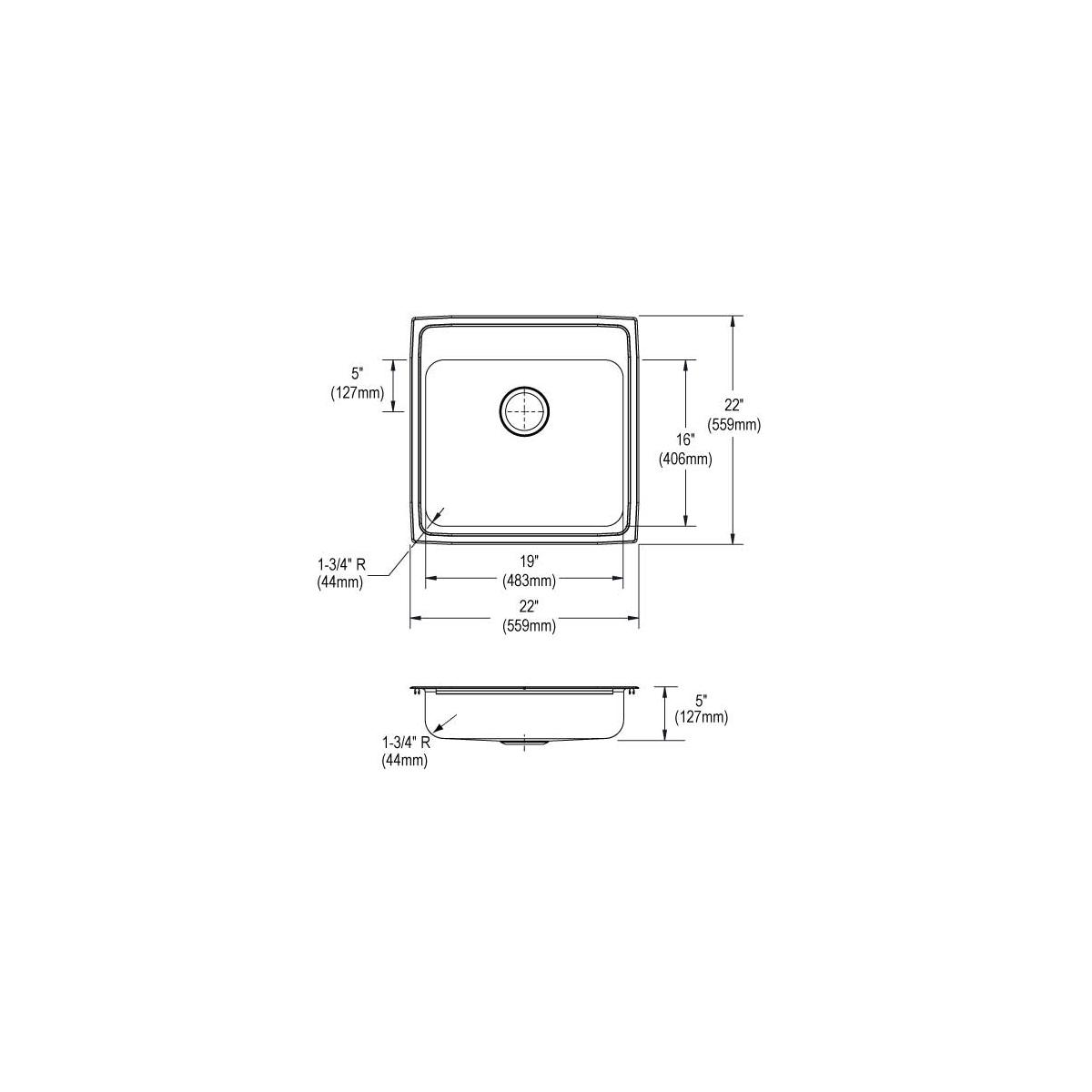 Stainless steel drop-in sink with single bowl, one faucet hole, and dimension measurements shown in top and side views.