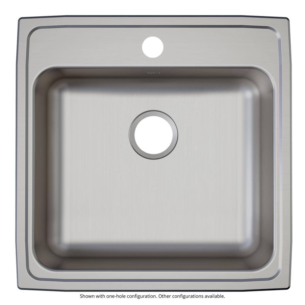 Brushed stainless steel square drop-in sink with single bowl and three pre-drilled holes for faucet mounting.