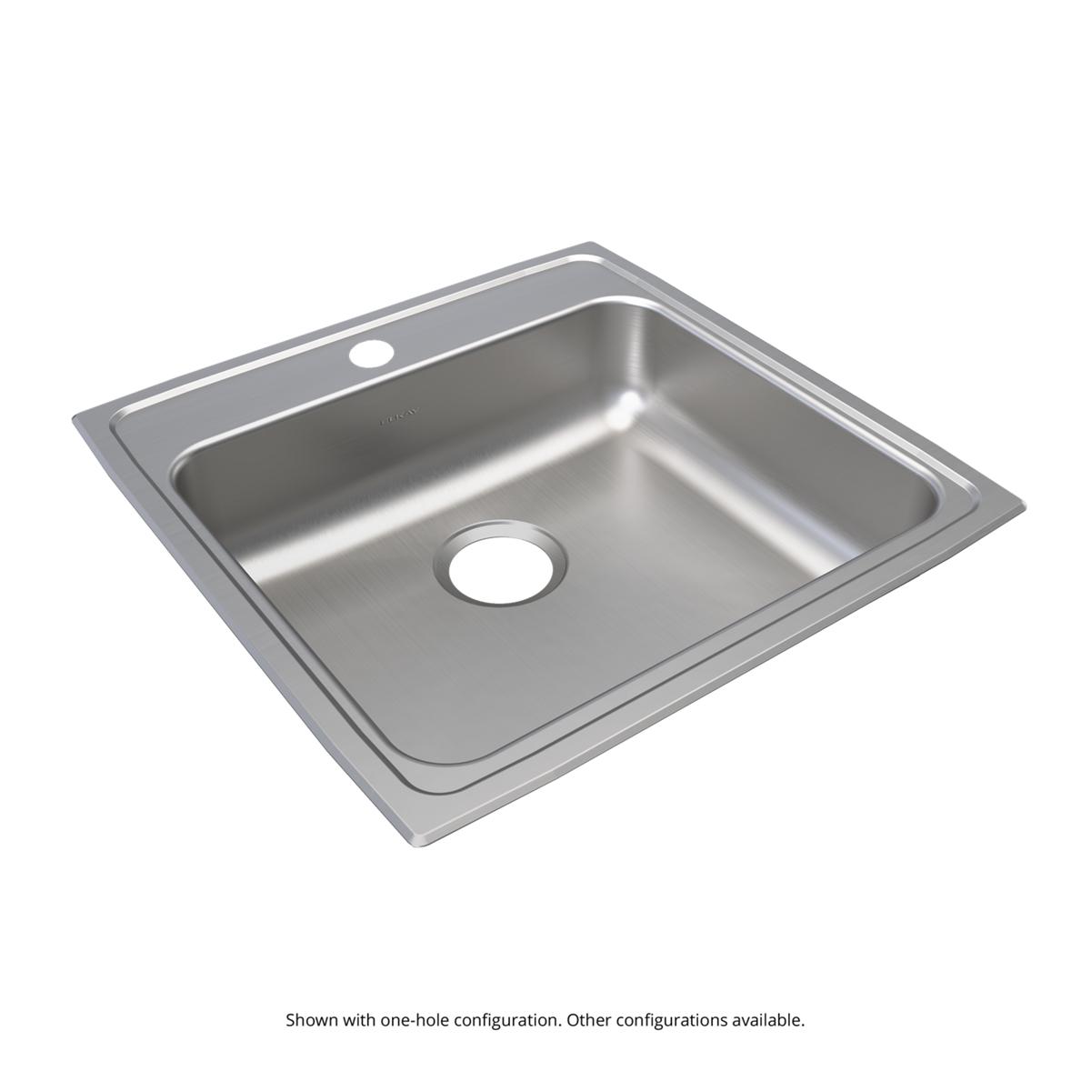 Stainless steel square drop-in sink with single bowl and one faucet hole on the rim.