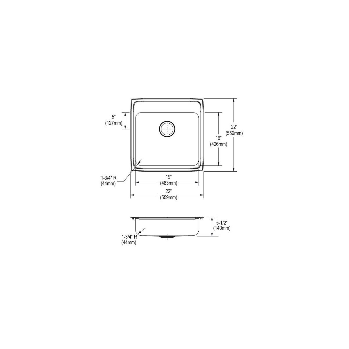 Stainless steel square single bowl drop-in sink with dimensions and mounting specifications shown in top and side technical d