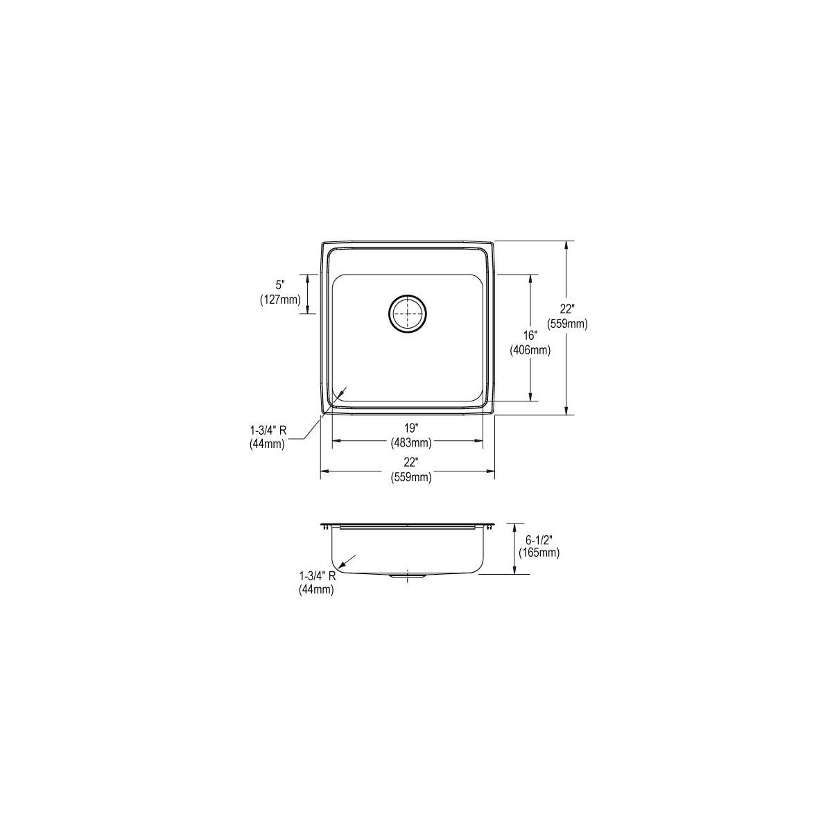 Top and side view technical drawings of a stainless steel square drop-in sink with single bowl and three pre-drilled faucet h