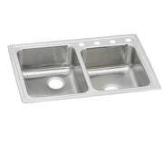Stainless steel double bowl drop-in sink with two basins, offset design, and four predrilled holes on the rim.