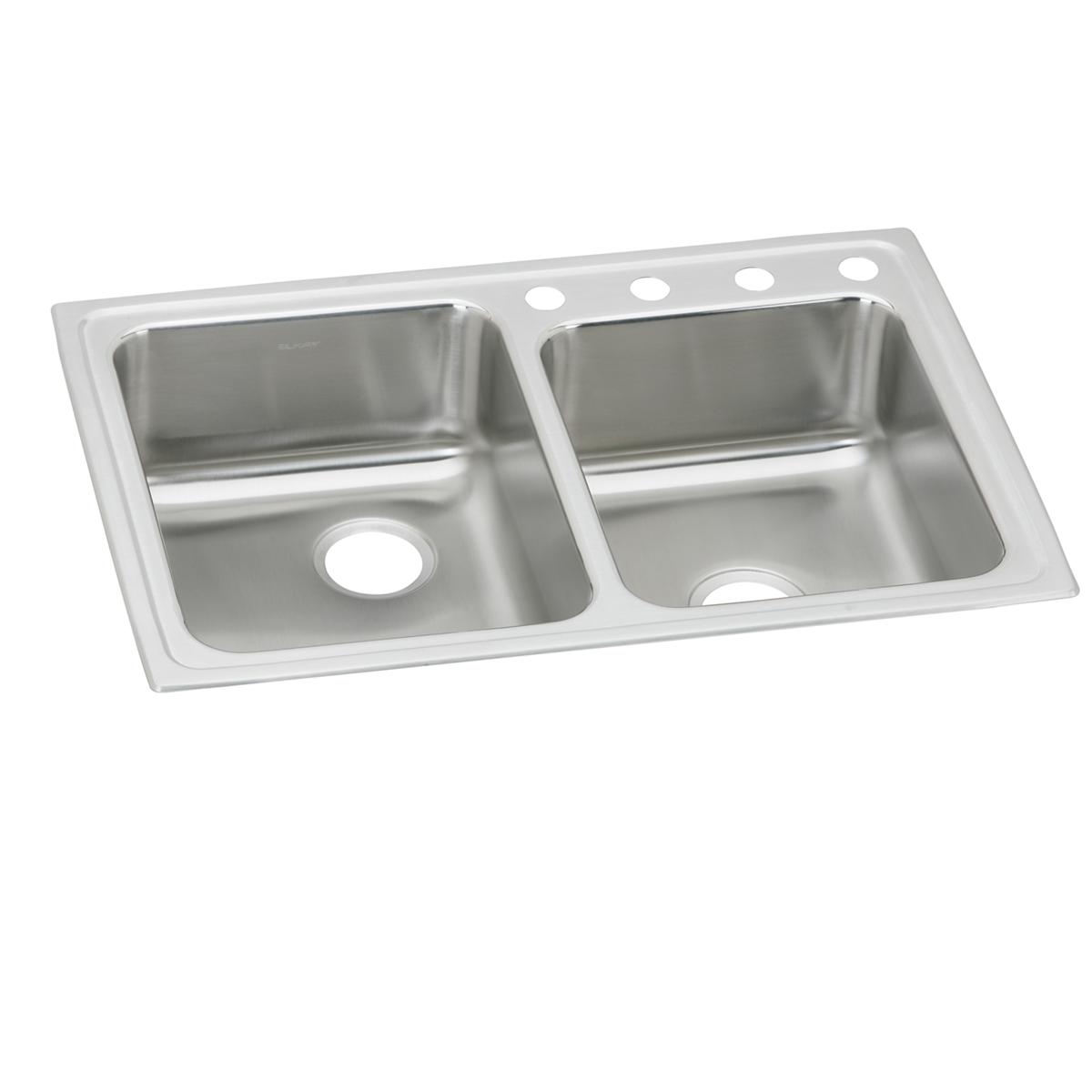 Stainless steel double bowl drop-in sink with two rectangular basins, offset faucet hole on right side, and four additional h