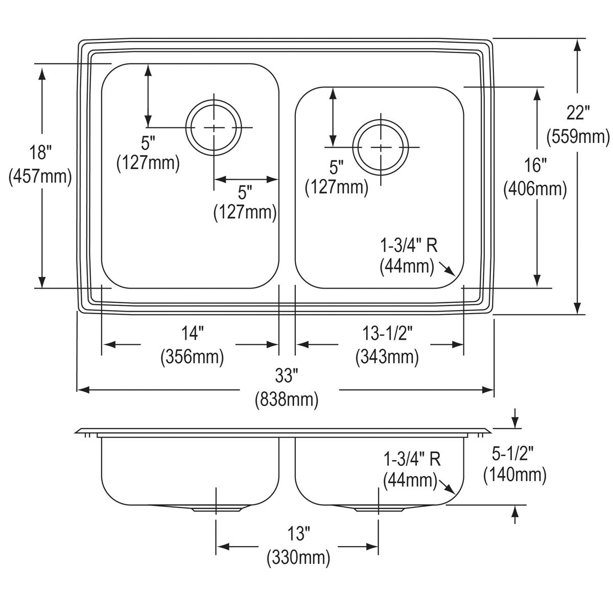 Elkay Lustertone Classic Stainless Steel 33" x 22" x 5-1/2", Offset 3-Hole Double Bowl Drop-in ADA Sink