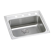 Stainless steel single bowl drop-in sink with four faucet holes and centered drain basket.