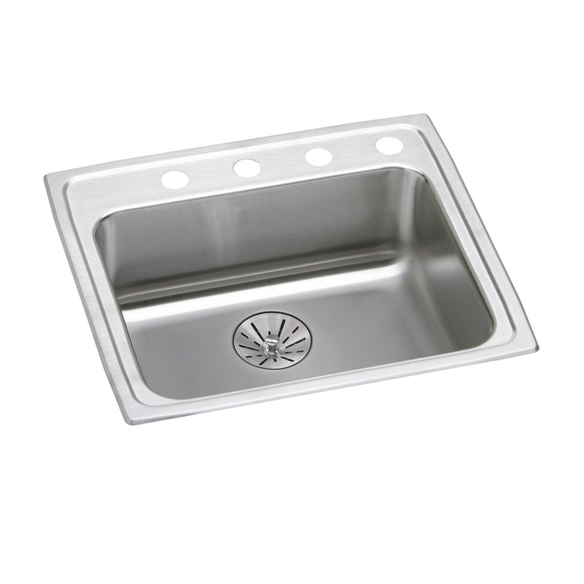 Stainless steel single bowl drop-in sink with four faucet holes and centered drain basket.