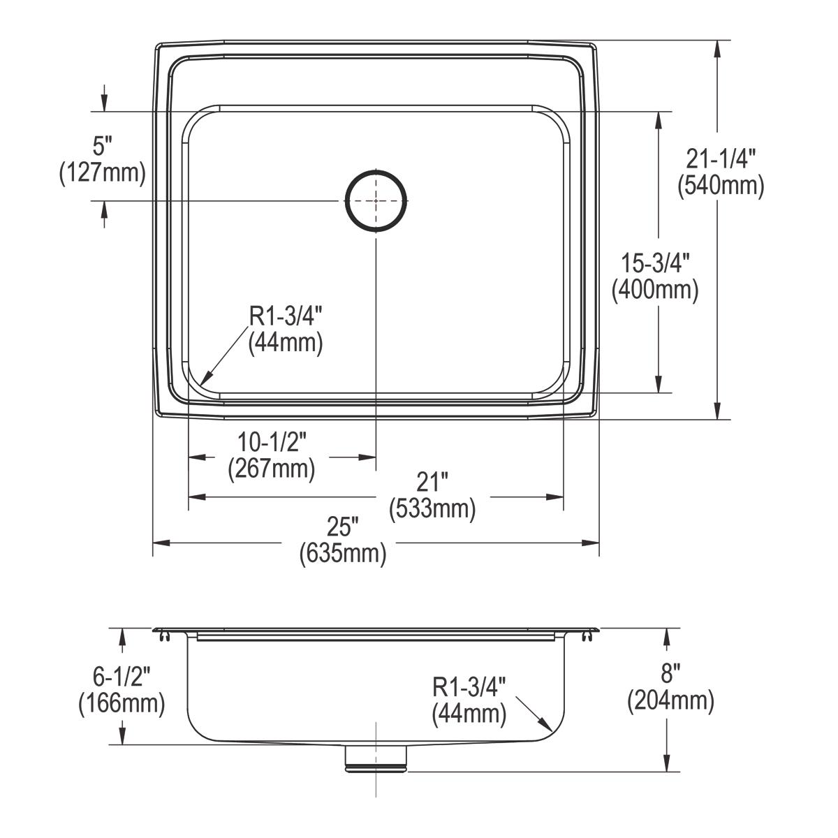 Top and side view technical drawings of stainless steel drop-in sink with single bowl, drain opening, and dimension measureme