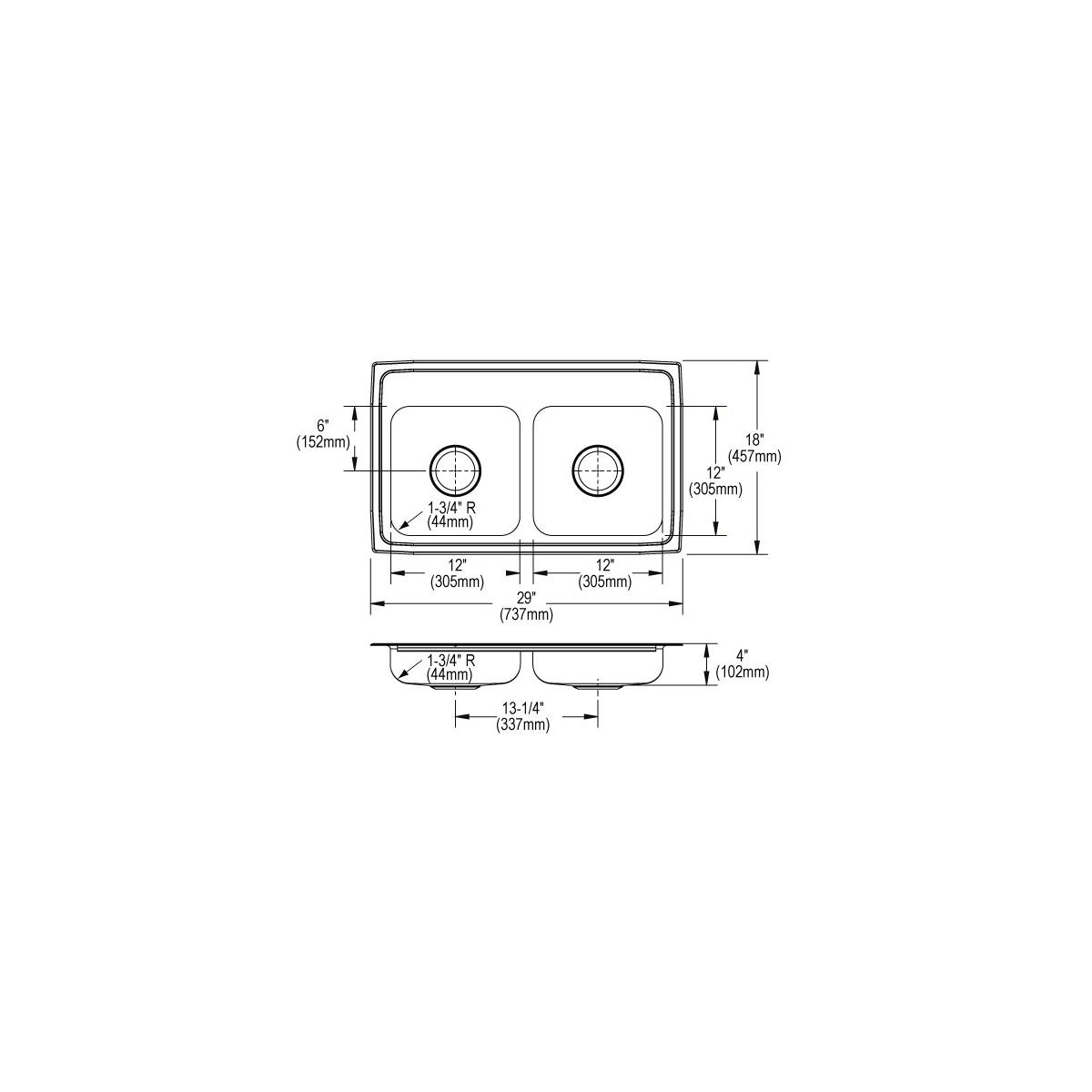 Stainless steel double bowl drop-in sink with two equal basins and three holes, shown in top and side view with dimensions.