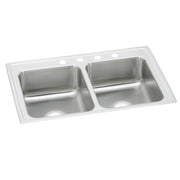 Stainless steel double bowl drop-in sink with white rim and four mounting holes on top rim.