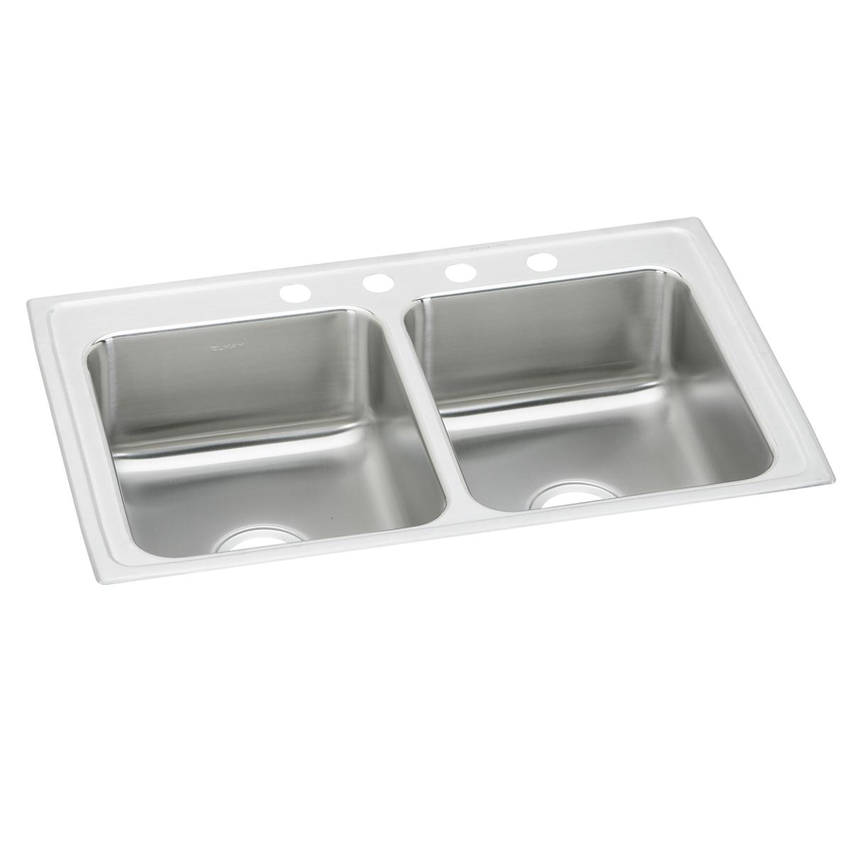Stainless steel double bowl drop-in sink with white rim and four pre-drilled holes across the top rim.