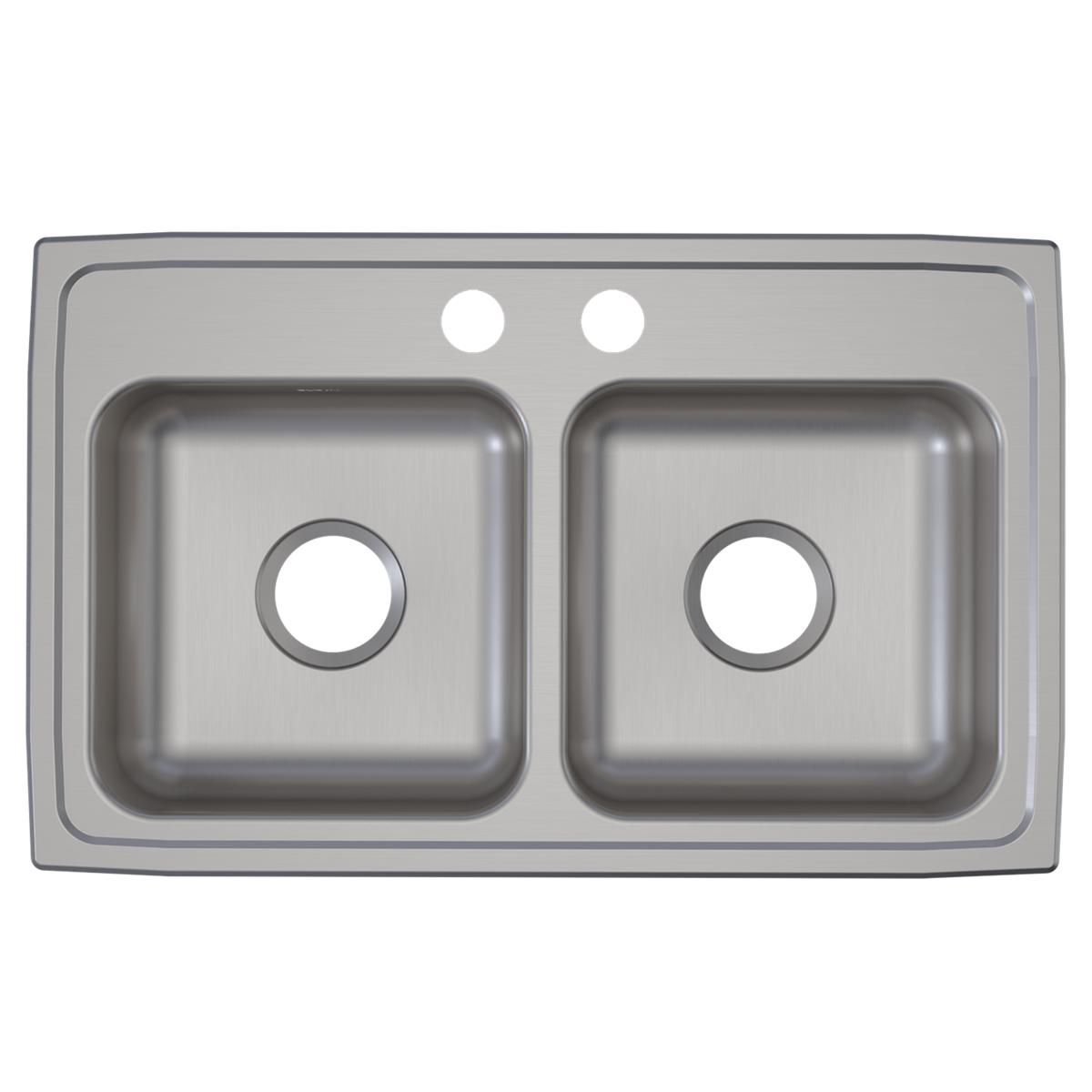 Stainless steel double bowl drop-in sink with two faucet holes and drain openings in each basin.