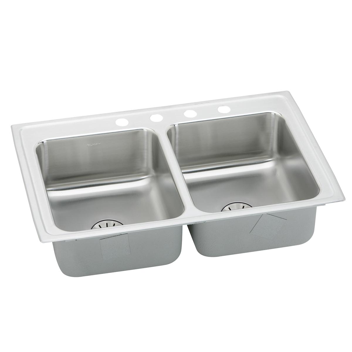 Stainless steel drop-in double bowl sink with white rim and three faucet holes across the top.