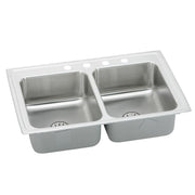 Stainless steel drop-in double bowl sink with white rim and four faucet holes along the top edge.
