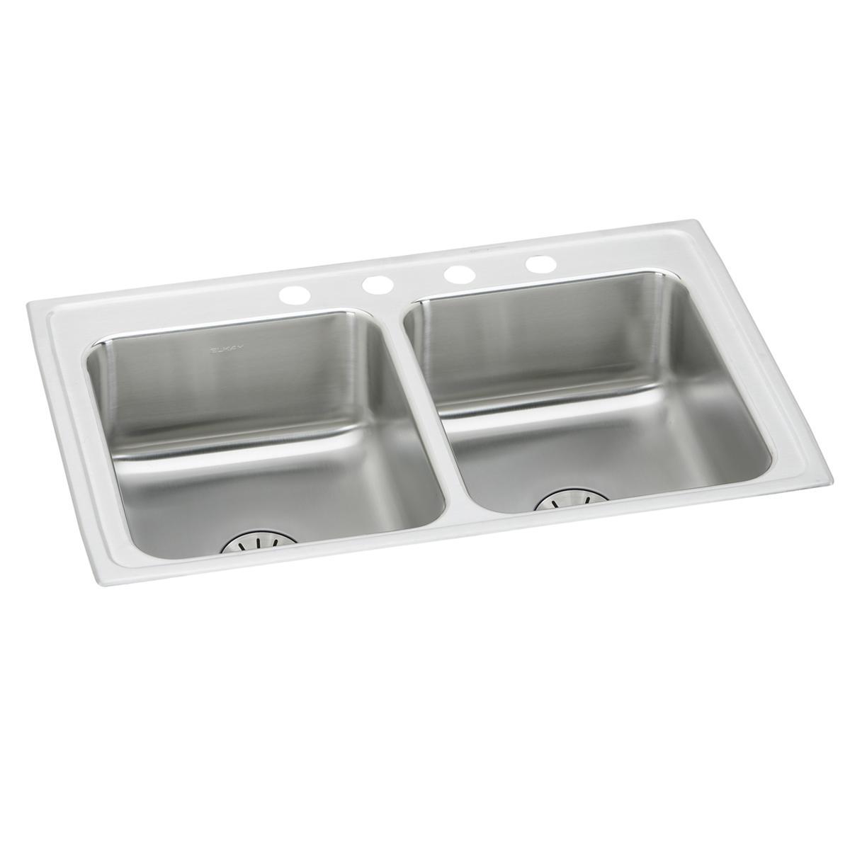 Stainless steel double bowl drop-in sink with white rim and three pre-drilled holes across top.