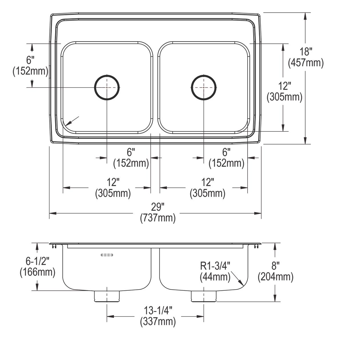 Stainless steel double bowl drop-in sink with two equal-sized basins, drain holes, and dimension measurements labeled.