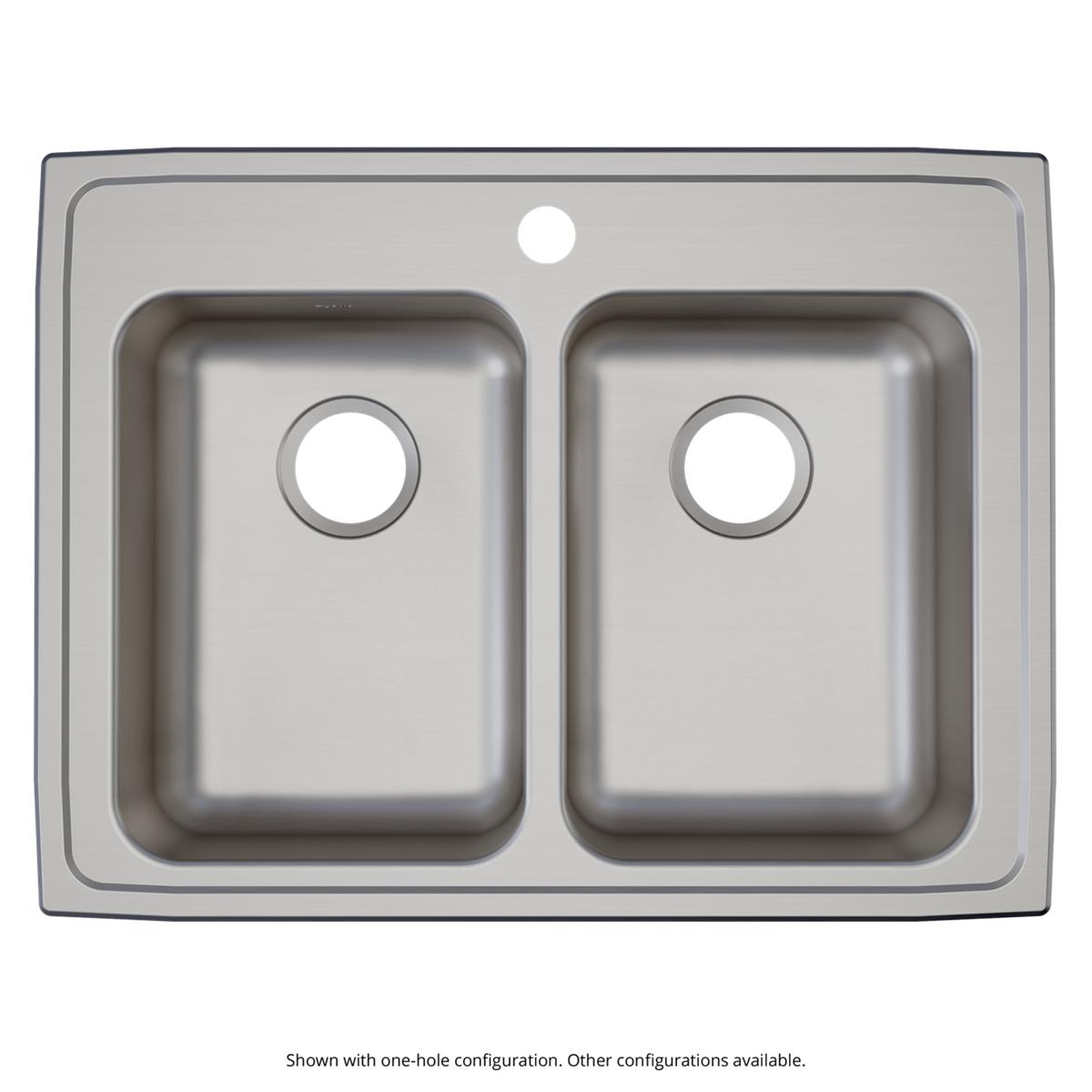 Stainless steel drop-in sink with two equal rectangular bowls and four pre-drilled holes on brushed surface.