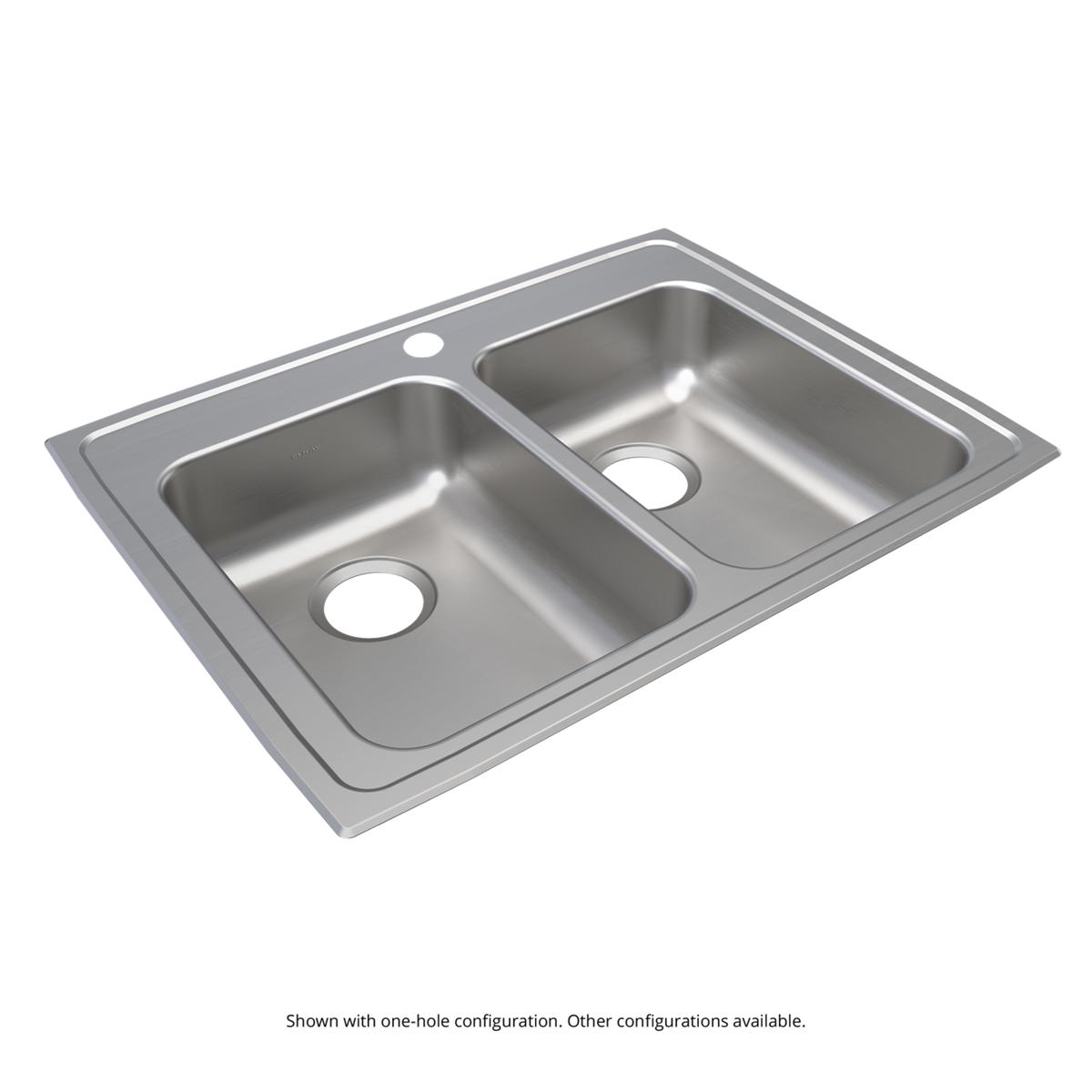 Stainless steel drop-in sink with two equal rectangular bowls and pre-drilled holes for faucet installation.