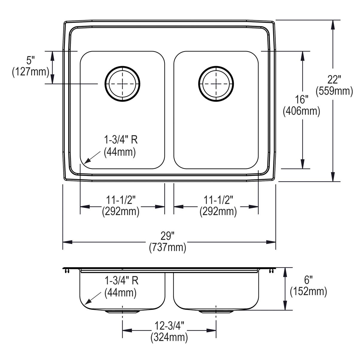 Stainless steel double bowl drop-in sink with two equal basins and four pre-drilled holes, top and side views with dimensions